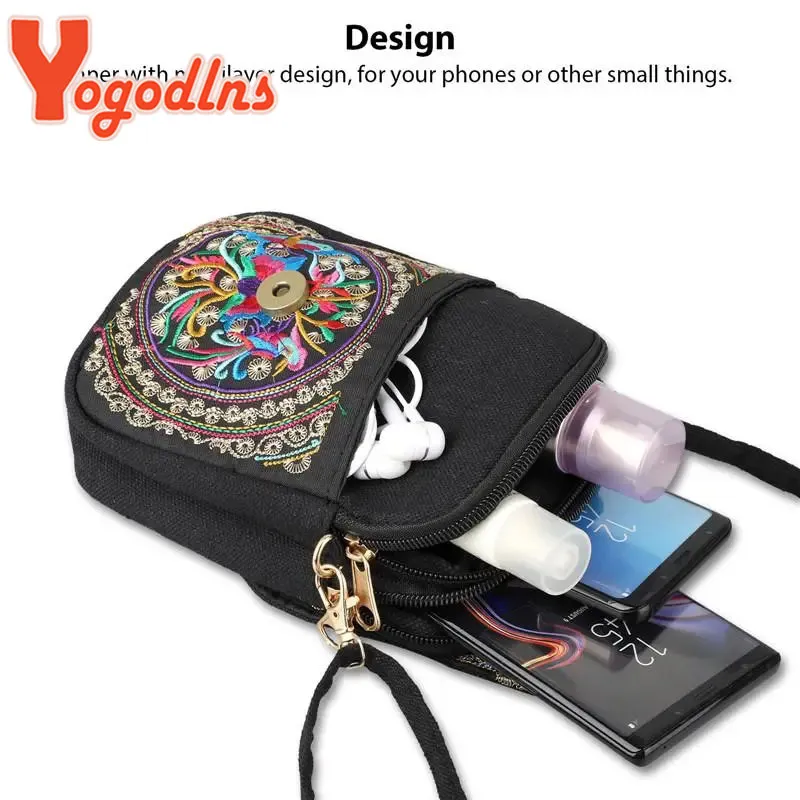 Pochette de voyage à bandoulière pour femme, sac à bandoulière vintage à fleurs avec fermeture éclair et broderie pour téléphone portable, petit sac à main_voghion.com