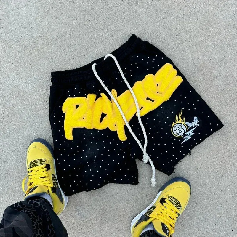 Europeisk-amerikansk bokstavstryck lösa herrshorts för gatumode, hiphop, joggingbyxor, casual, sportbyxor 241230_voghion.com