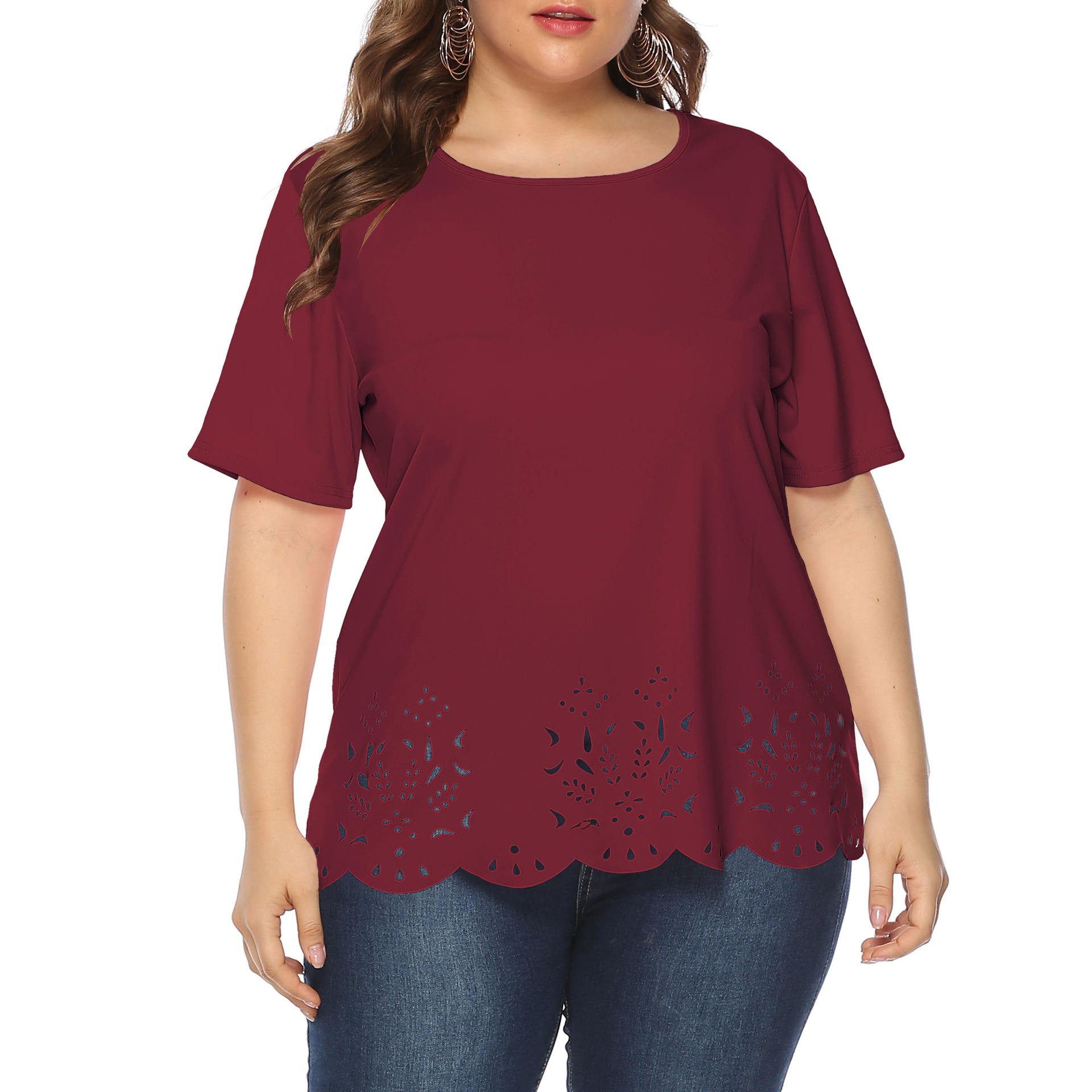 Women's tops large size women's clothing solid color burnt flower hollow wave edge casual short-sleeved T-shirt_voghion.com