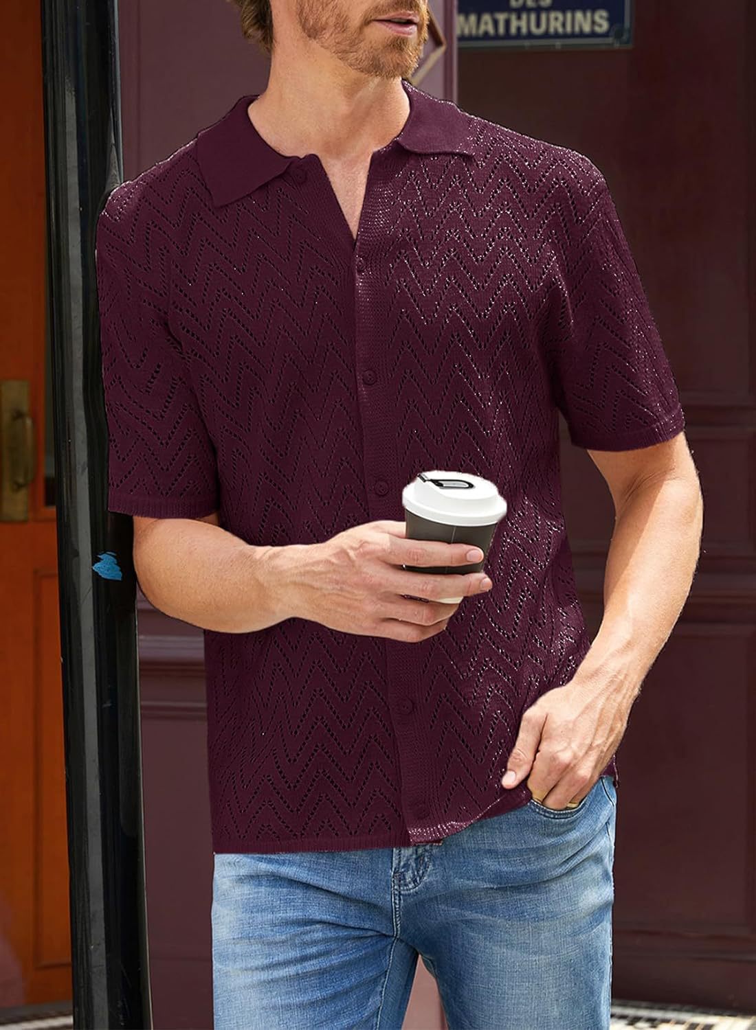 Ropa de hombre Camisa de punto informal para hombre Camisa de manga corta para hombre Cárdigan de color liso Tops calados Ropa de hombre_voghion.com