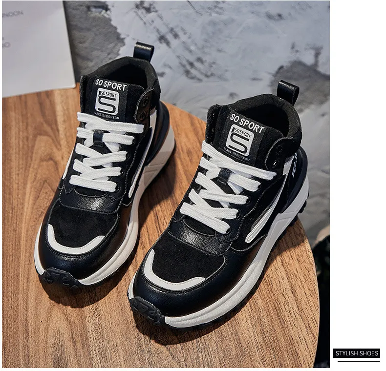 Genuine Leather Sneakers For Women Mixed Color Platform Casual Autumn Winter Warm Plush High Top Sports Shoes_voghion.com