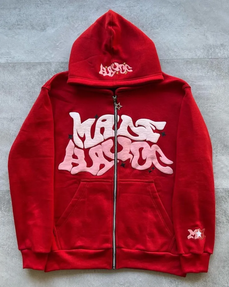 Moške puloverje s kapuco z retro črkovnim potiskom, ameriške ulične modne majice z zadrgo, prevelike puloverje z dolgimi rokavi in ​​hip hop jakno._voghion.com