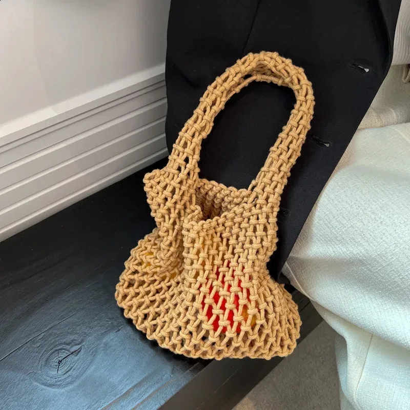 Lässige gewebte Damen-Umhängetaschen, gestrickte Handtaschen, große Kapazität, Shopper-Tasche, weibliche Strand-/Reise-Geldbörsen aus Baumwolle 240826_voghion.com