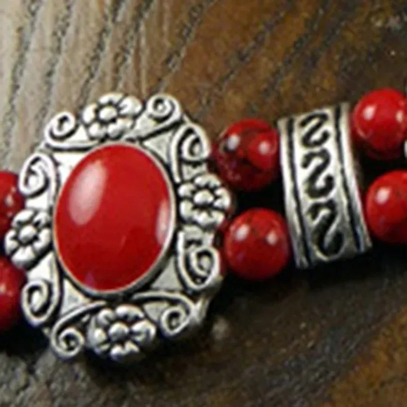 Pulseira feminina moda vintage pulseira étnica edição coreana dupla camada artesanato retrô remada turquesa acessórios_voghion.com
