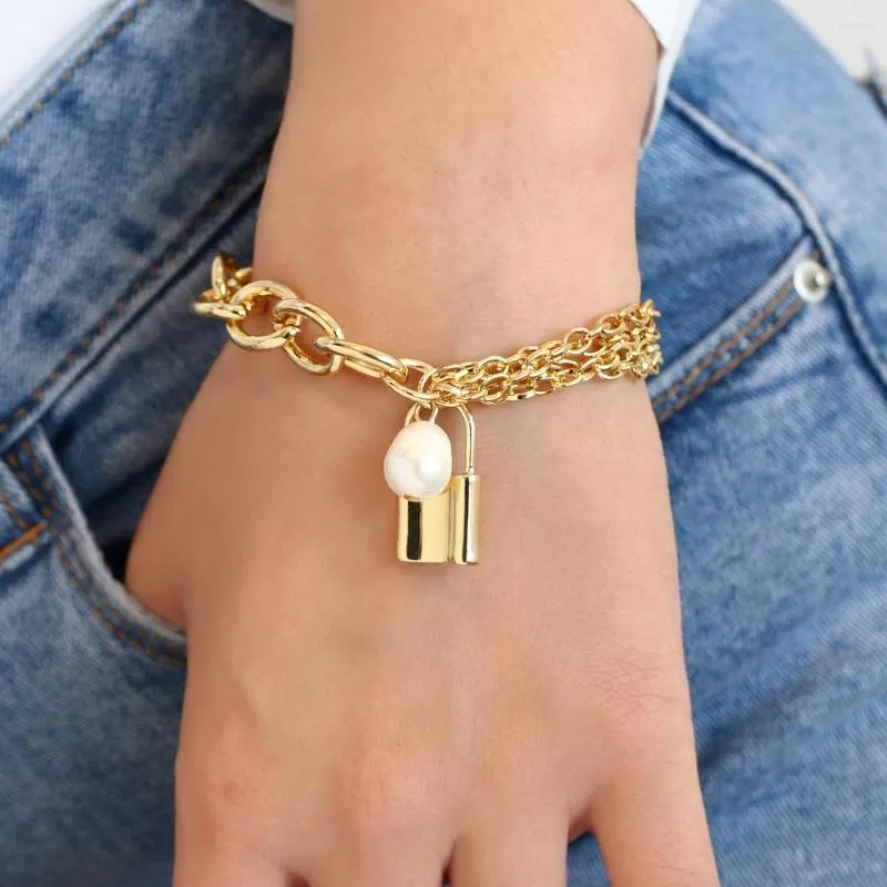 Link Bracelets Flashbuy Gold Color Stylish Metal Chunky Thick Chain Pearl Lock Pendant Fashion Jewelry Pulseira_voghion.com