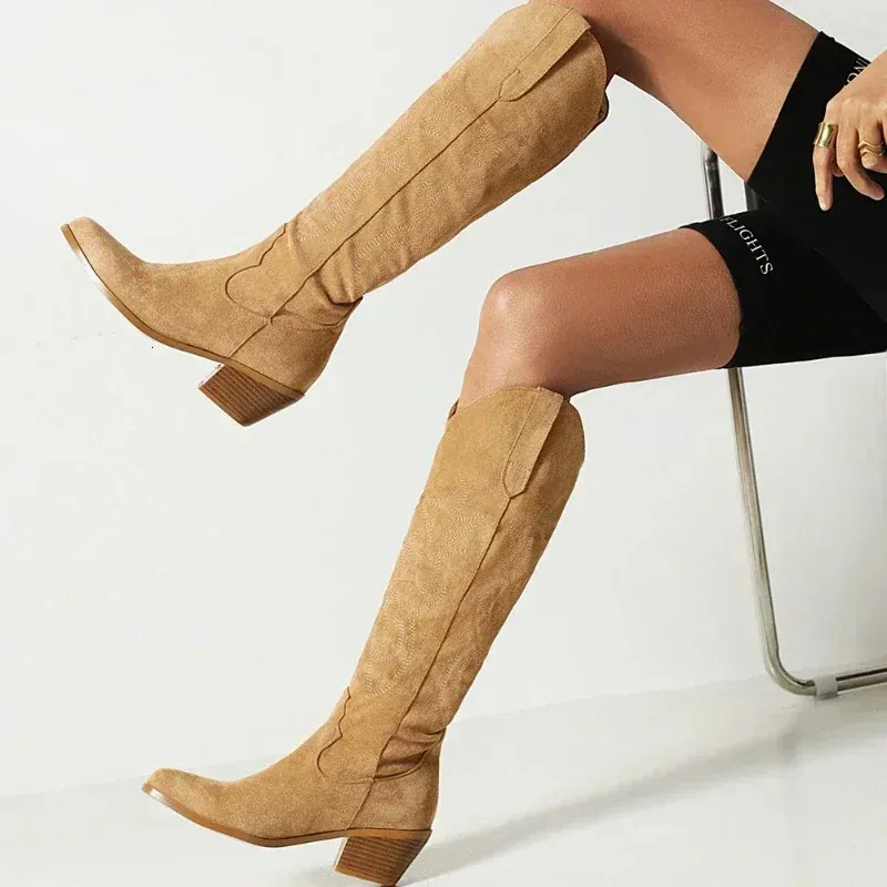 Pointed Toe Knight Brown PU Leather Knee High Womens Autumn Winter Western Cowboy Boots 240930_voghion.com