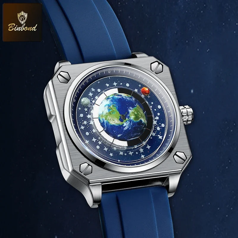 Men's Quartz Watch Rotating Earth Dial Creative Blue Planet Design_voghion.com
