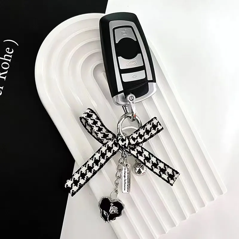 French Bowknot Keychain Black Love Rose Phone Chain Headphone Case Pendant Camera Charms Bag Decor Car Keyring_voghion.com
