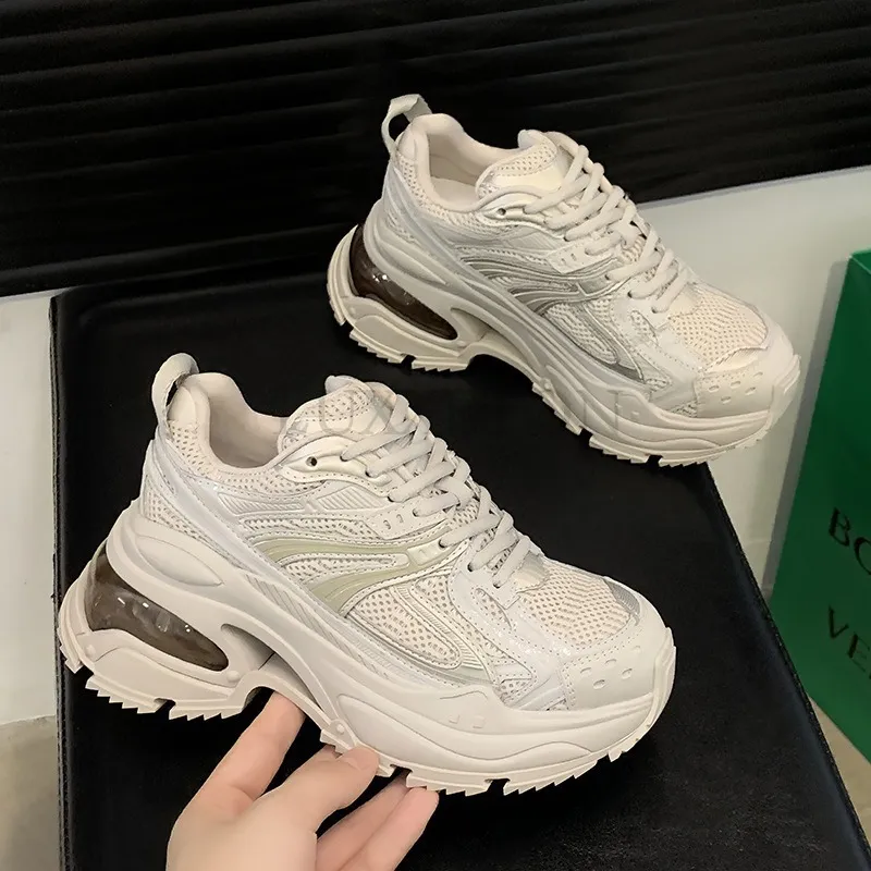 Genuine Leather Air Cushion Round Toe Thick Sole Dad With Mesh Surface For Comfortable Breathable Casual Sports Shoes_voghion.com