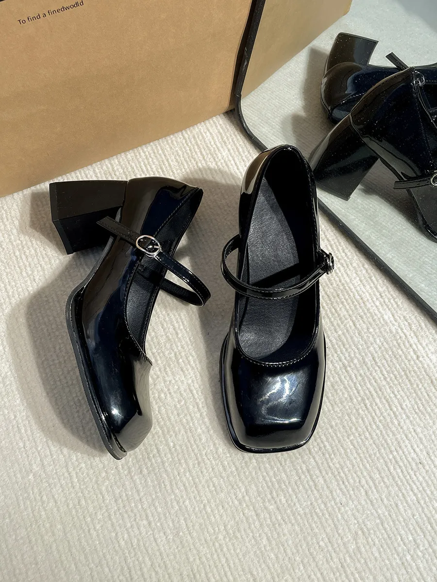 Drs Sho Schwarze High Heels für Frauen 2025 Frühling und Herbst Square Toe Dicke Ferse Mary Jane Mode Medium Büro_voghion.com