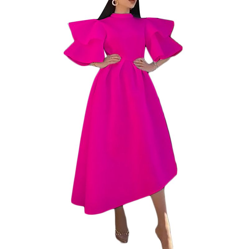 Damen Sommer neues doppellagiges Kleid mit Lotusblattärmeln, einfarbig, unregelmäßigem Rock_voghion.com
