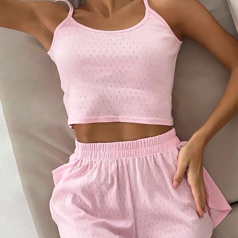 Vêtements pour femmes, nouveaux costumes décontractés pour femmes, pyjamas à bretelles tricotés, respirants et doux pour la peau, shorts fendus, deux pièces_voghion.com