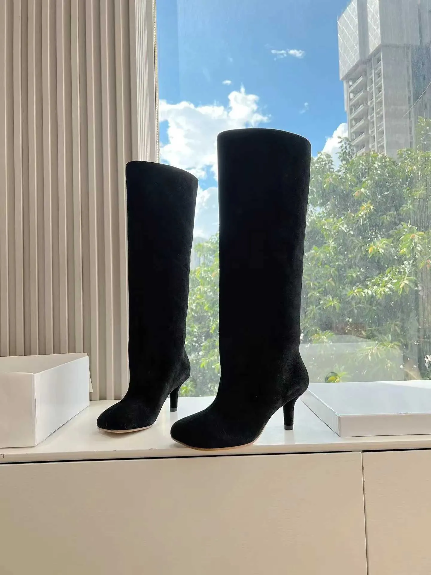 Womens Nude Suede Knee High Square Toe Wide Calnd Foot Pull On Stiletto Heels Fashion Dress Tall Riding Boots Ladies_voghion.com