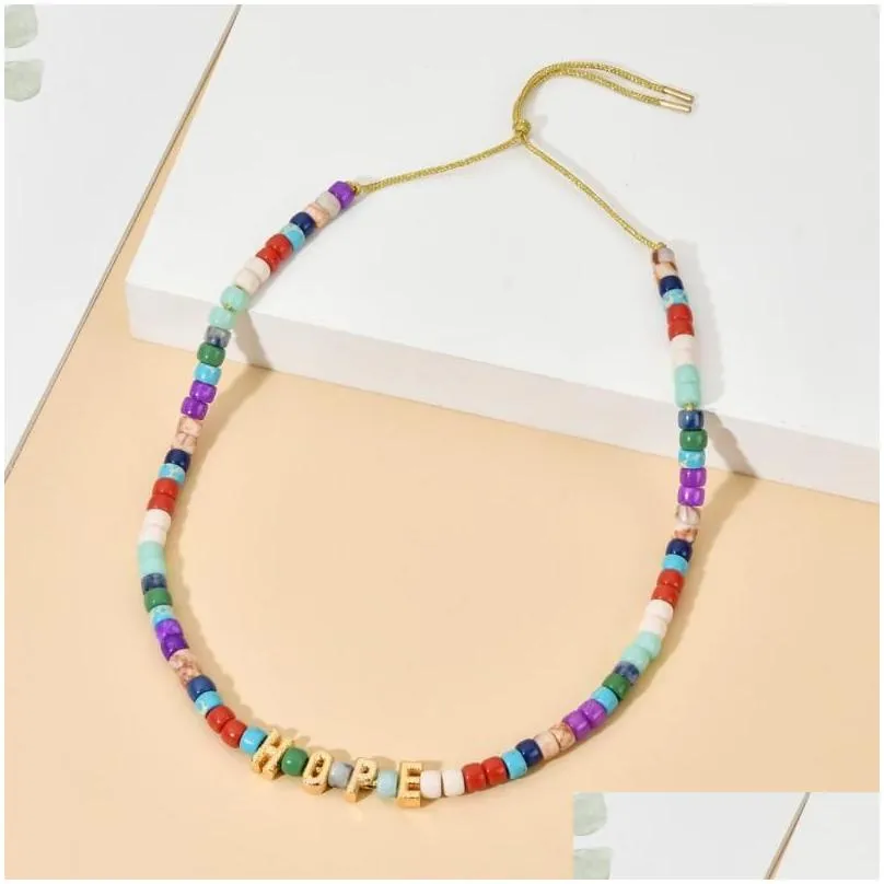 Handmade Beaded Letter Necklace With Natural Stone Beads Boho_voghion.com