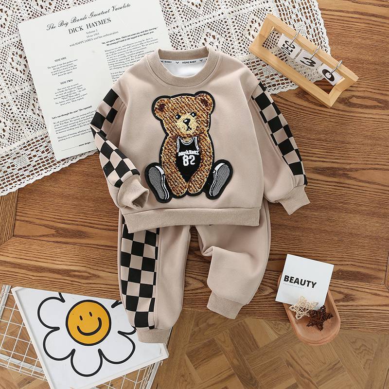 Mother & Kids Children’s Suit Sweatshirt Children’s Clothing Long Sleeve Boy’s Stylish Children’s Checkered Bear Suit
