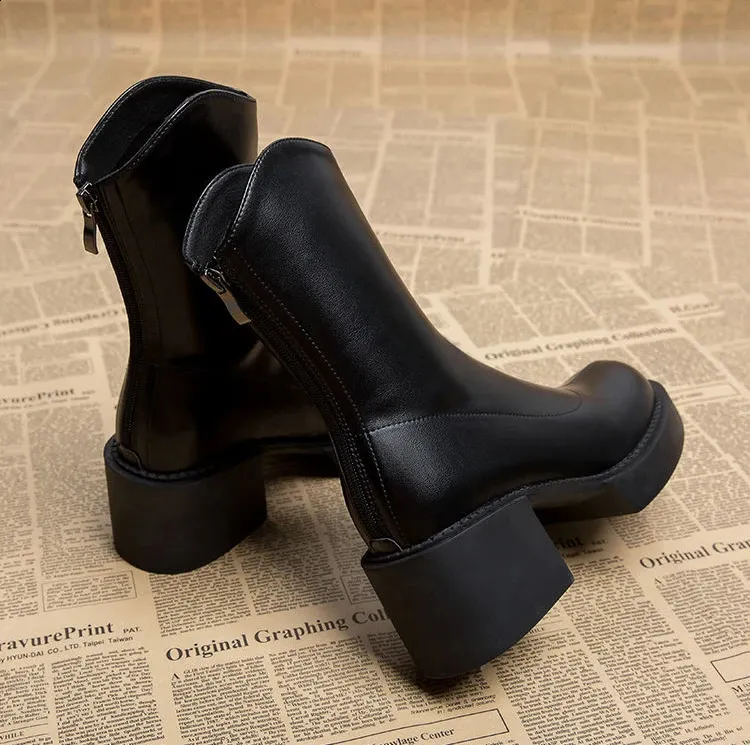 High ankle work very high heels brown short and chubby platform womens waterproof boots black Pu 240911_voghion.com