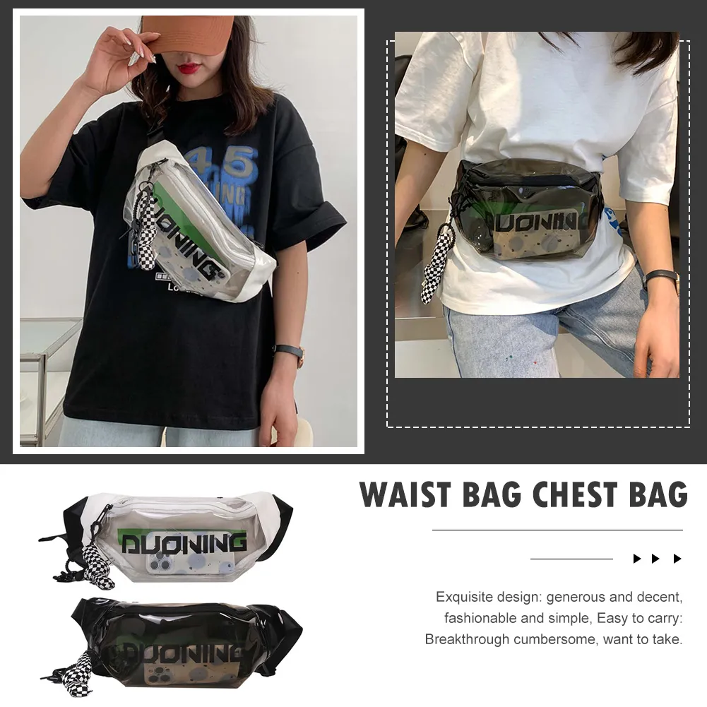 Fashion Fanny Packs Unisex Clear PVC Waist Pouch Multi-functional Letter Printed With Pendant Adjustable Buckle Strap_voghion.com