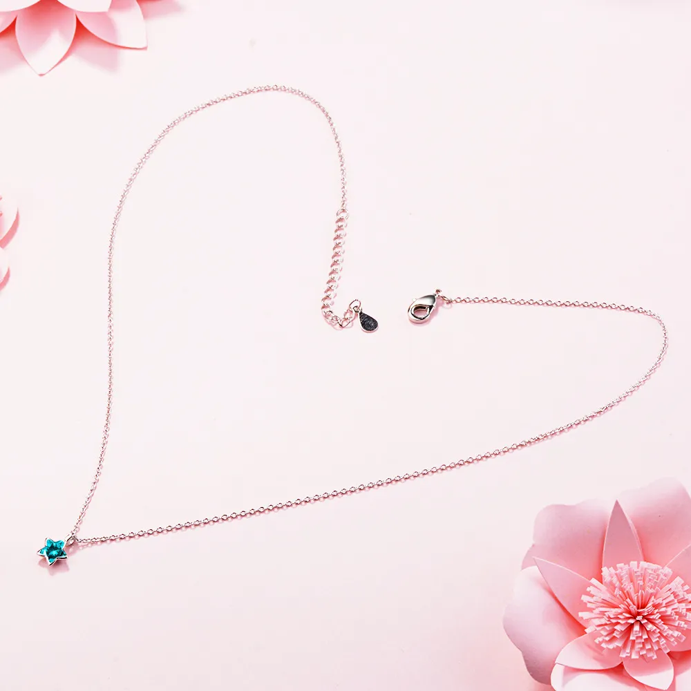 Ankunft Sterling Silber Mode Blau Kristall Stern Damen Ketten Halsketten Frauen Mädchen Schmuck Kurze Kette Geschenk Kein Verblassen_voghion.com