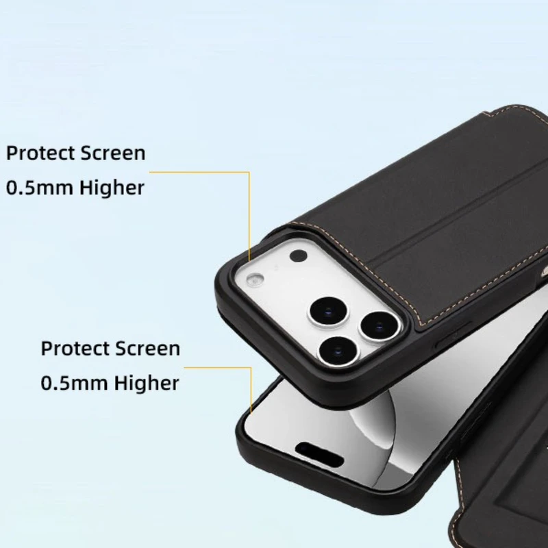 Flip Plain Leather Phone Case For IPhone 17 Pro Max 16e 17Air 16 Pro 15 Plus 14 13 Magnetic Dual Card Slot Bracket Luxury Cover_voghion.com