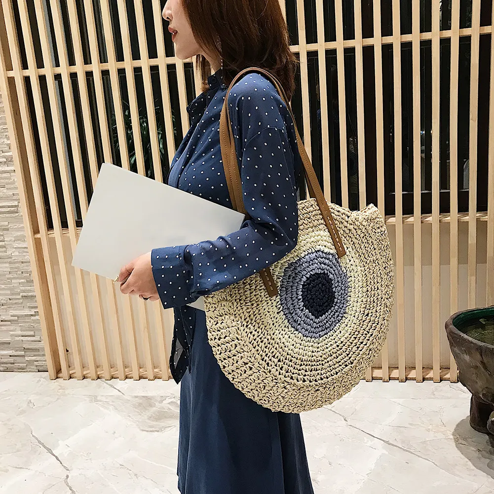 Borsa a tracolla rotonda estiva da donna in rattan intrecciato, in paglia, fatta a mano, da spiaggia, per la spesa, con manico superiore_voghion.com