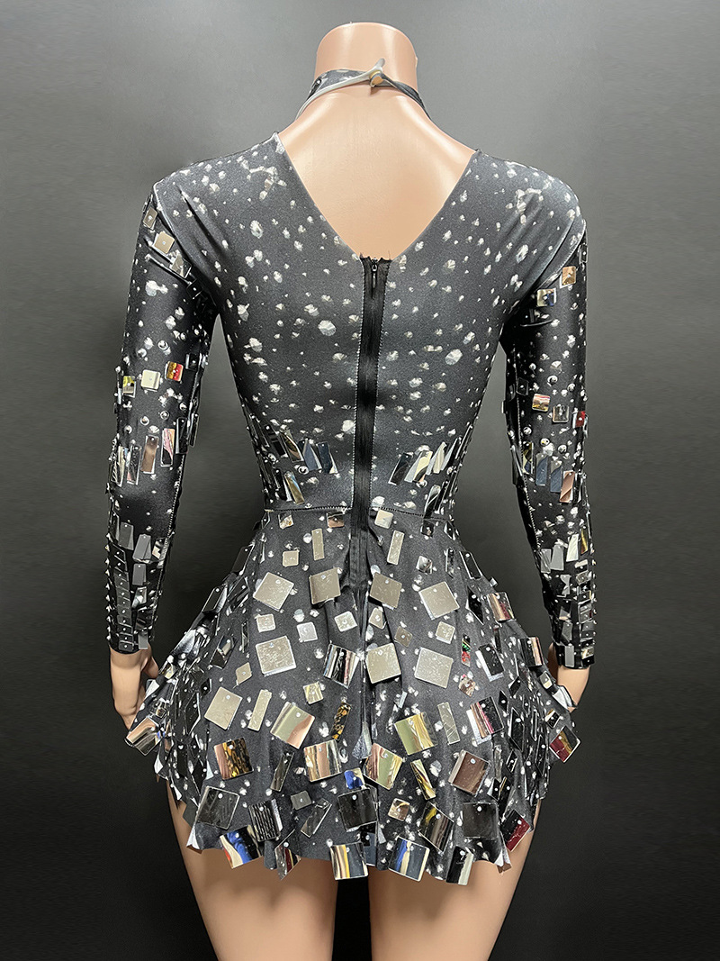 Damenbekleidung Glänzende Pailletten Diamanten Ausflug Party Elegante Slim Fit Langarm Kurzer Rock Minikleid_voghion.com