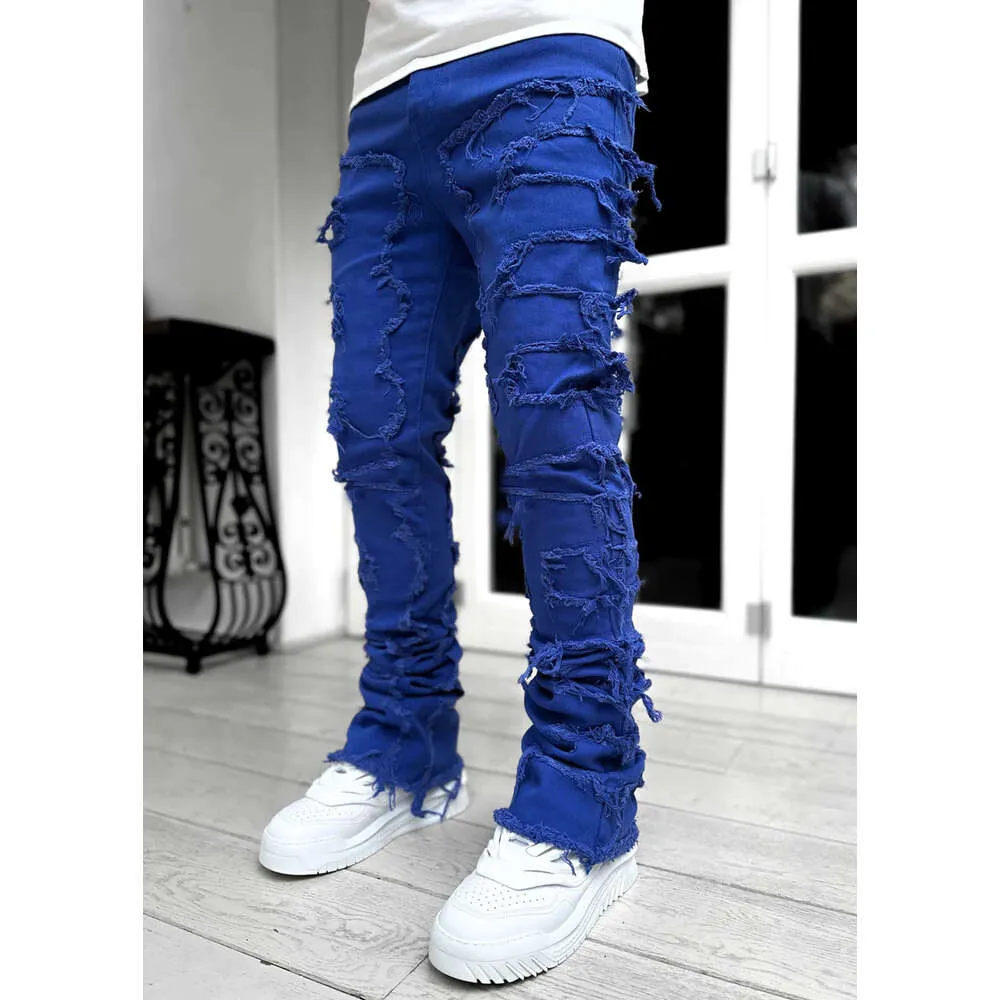 Pantalon droit en denim à patch élastique pour homme, nouvelle mode de rue_voghion.com