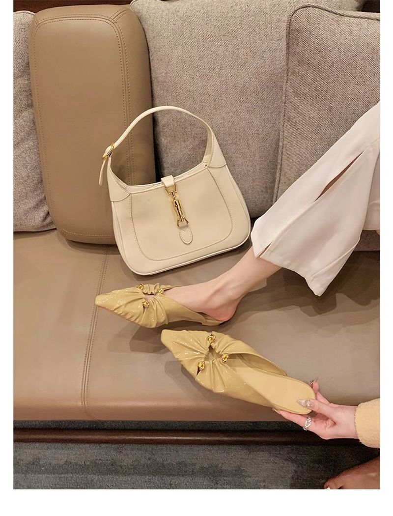Grape Mom's Same Style Spring New Triangle Buckle Hollow Pointed Pleated Baotou Muller Half Slippers Women's Genuine_voghion.com