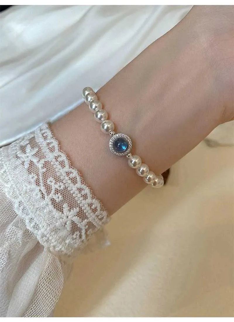 Elegant Pearl And Aquamarine Gemstone Bangle For Wedding Gift_voghion.com