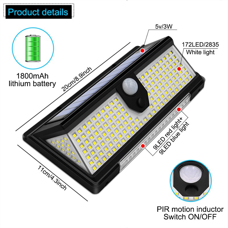 Solcellsdriven LED-lampa för utomhusträdgårdsdekoration 190 LED-lampor med 4 arbetslägen IP65 vattentät solcellsdriven rörelsesensorvägglampa_voghion.com