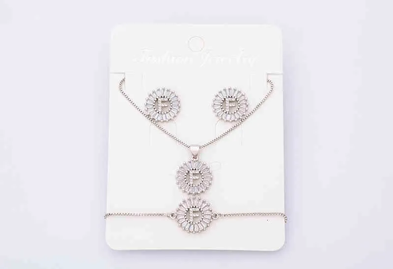 Charm Initial Necklace + Stud Earrings Bracelet Sets Jewelry Copper Zircon White Color A-z 26 Letters Alphabet_voghion.com