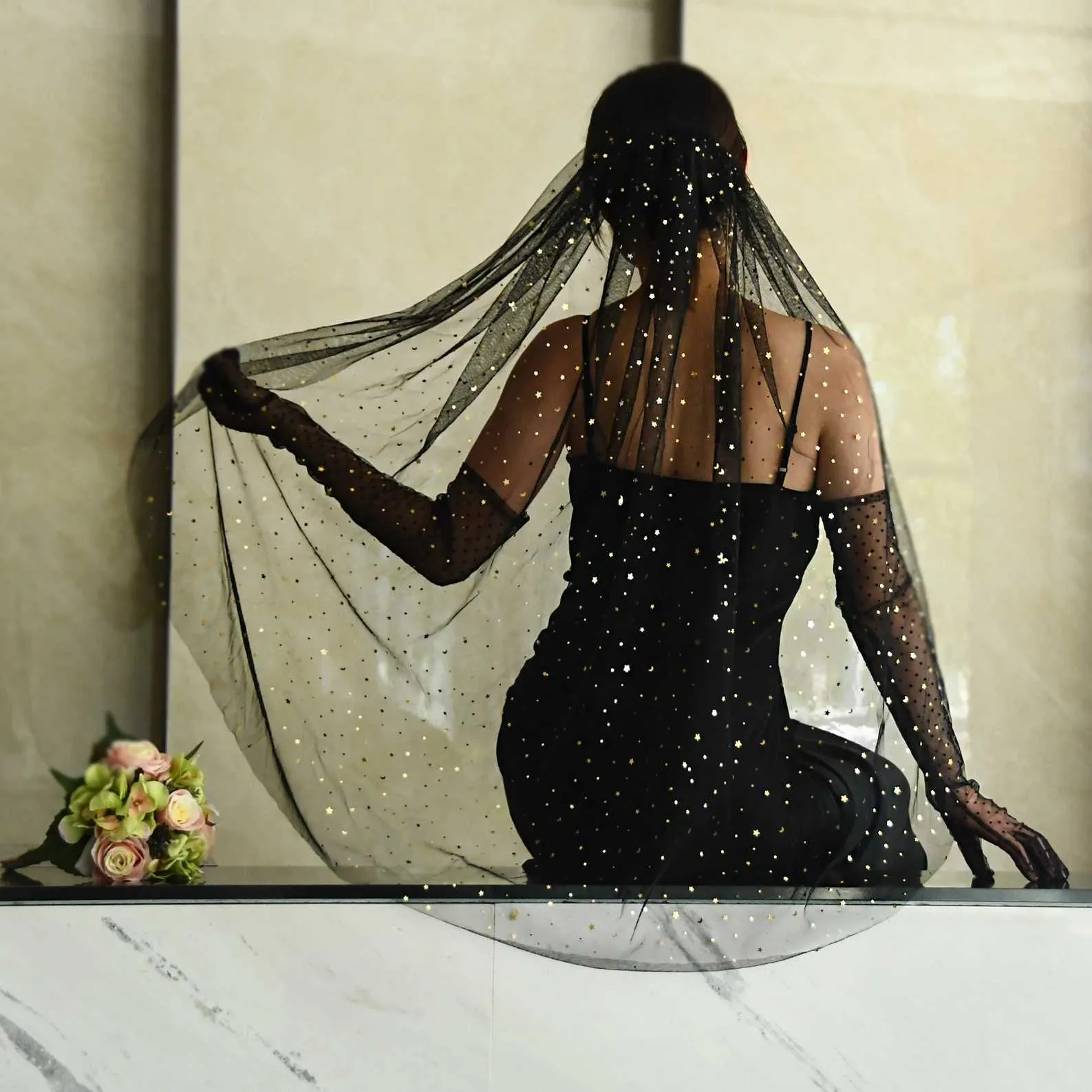 Nakit za lase V209 Črne poročne tančice 1-stopenjske poročne tančice Bleščeče zlate barve Drapirane tančice Sijajne zvezde Luna Bleščeče bronaste bleščice_voghion.com