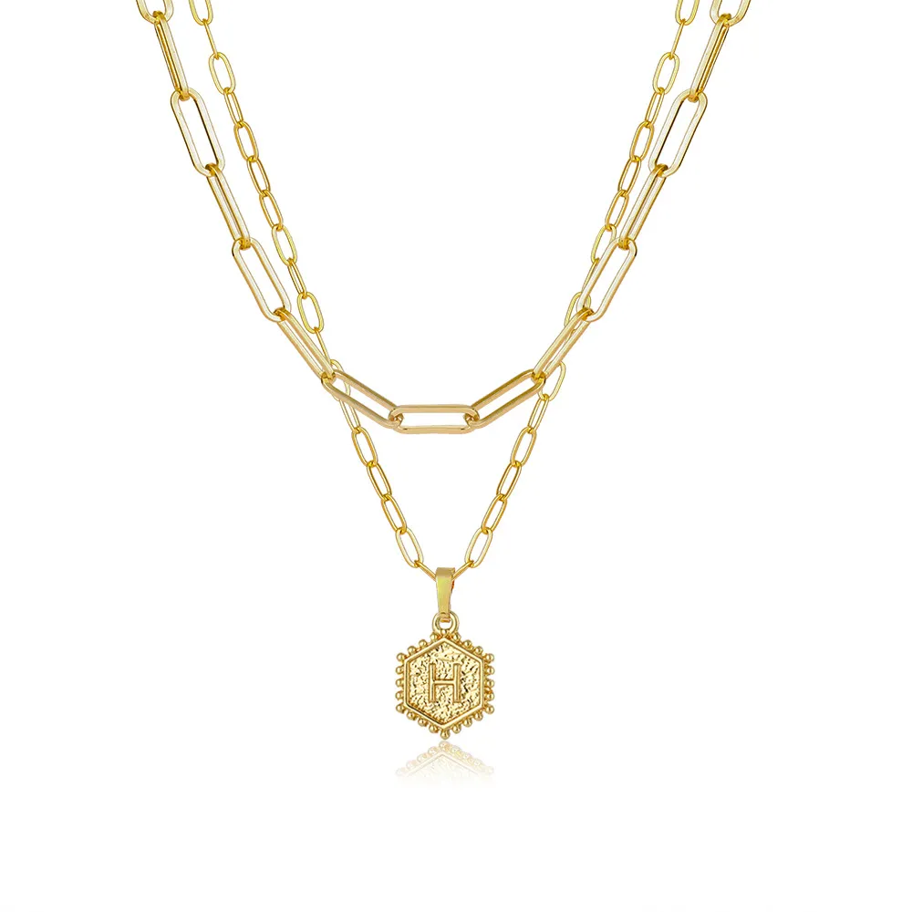 Colliers pendentifs délicats superposés avec initiales pour femmes, chaîne en or avec trombone, collier ras du cou simple avec lettres hexagonales_voghion.com