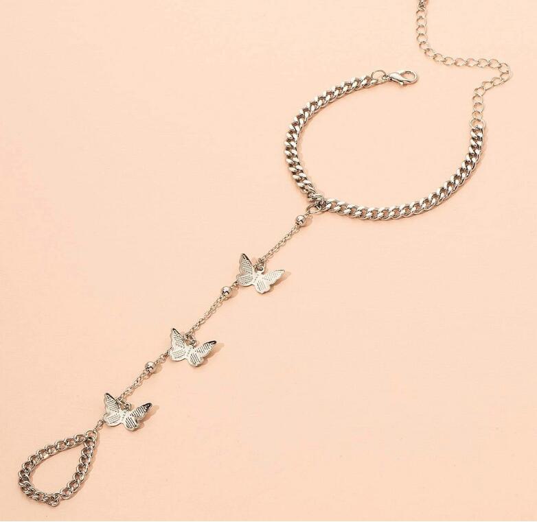 Braccialetti da donna di vendita calda, stile retrò, ciondolo a farfalla, catena, braccialetto da dito, anello, braccialetto a catena integrato, accessori regalo_voghion.com