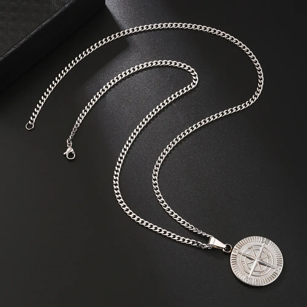 Colliers Hio Hop pour hommes en acier inoxydable avec pendentif boussole de voyage et voile, chaîne cubaine Figaro, collier décontracté_voghion.com