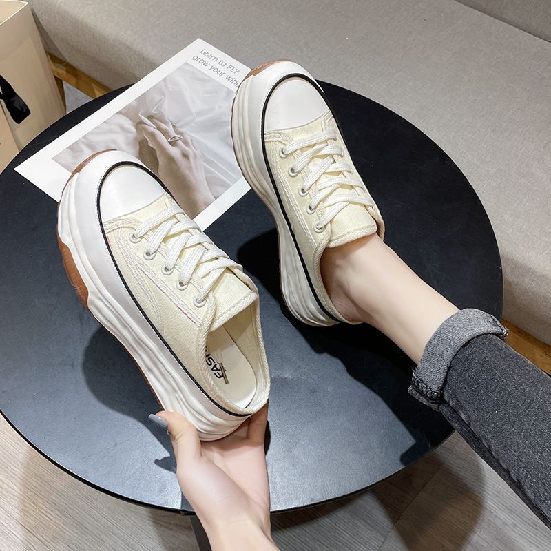Pantofole casual in tela con lacci e stile Baotou, metà nuovo, primavera-autunno, moda donna 2023_voghion.com