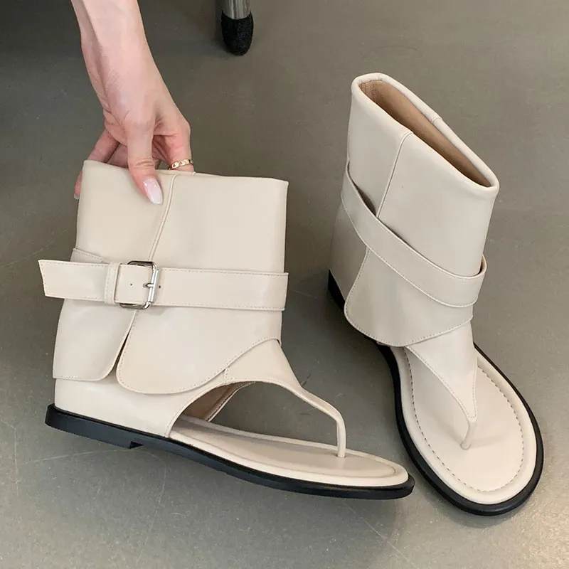 Weibliche Slip-On-Schuhe Wohnungen mit Frauen Ankle Flip Ps Mode Runde Kappe Damen Sandalen Stretch Stiefel Schuhe 2024_voghion.com