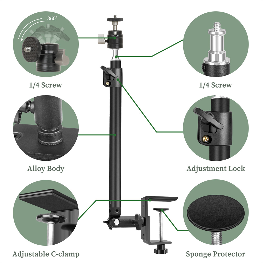 C Stand Tripod Standing Desk Monitor with 1/4&quot; Ball Head Table Fixture Ring Light Adjustable Tabletop Bracket Stand DSLR Camera_voghion.com