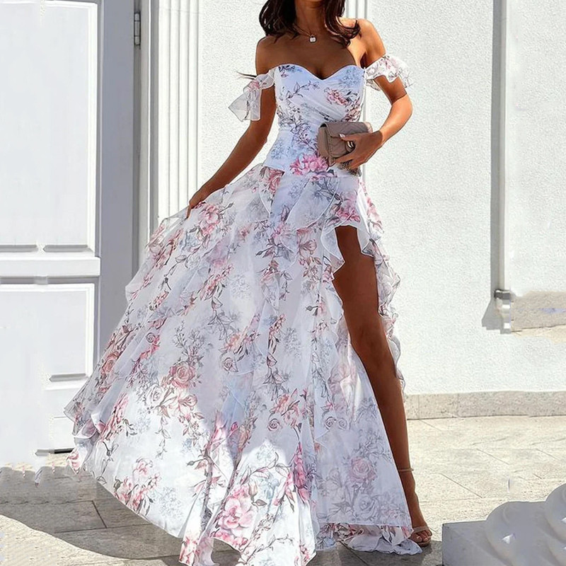 Women's Clothing Summer New Trend Sexy Hot Girl Off-shoulder Suspender Slit Waist Dress