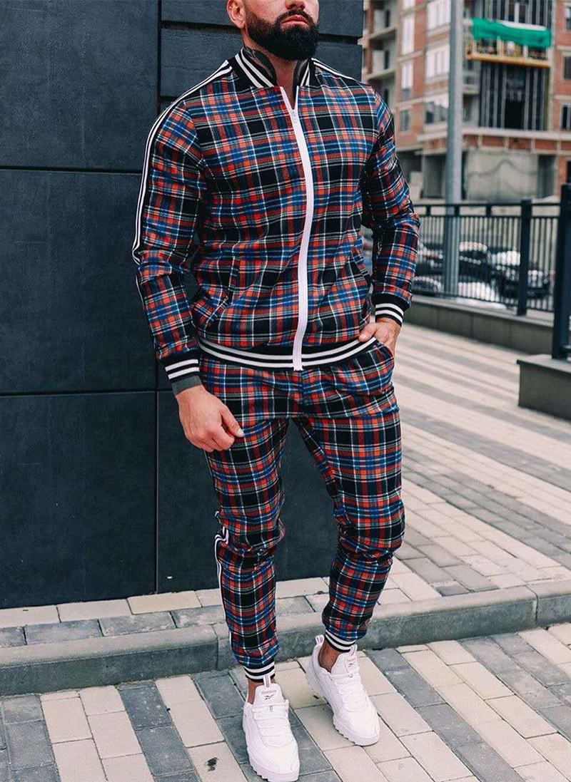 Vêtements pour hommes 2024 Nouveaux vêtements décontractés d'automne pour hommes Costume de sport pour hommes européens et américains Chemise à carreaux zippée Veste et pantalon deux pièces