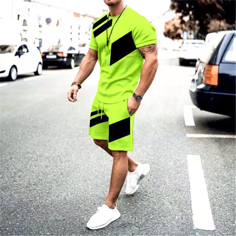 Men's Clothing Suit Summer Fitness Sports Trend Loose Fashion Casual Round Neck T Sleeve Two Piece Suit_voghion.com