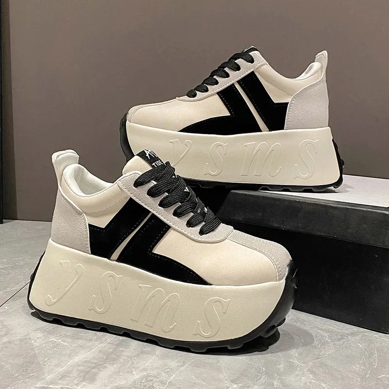 Scarpe sportive casual da donna con tacco alto da 7,5 cm, con zeppa e plateau, in pelle, bianche, comode e robuste_voghion.com