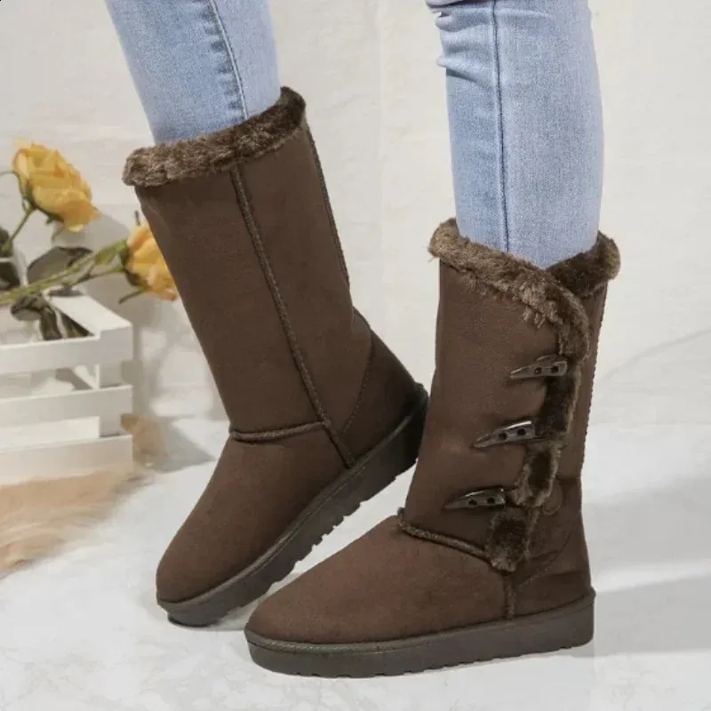 Women Snow Winter Mid-calf Warm Cotton Shoes Fashion Solid Color Button Ladies Brown Long Boots Plus Size 41 240830_voghion.com