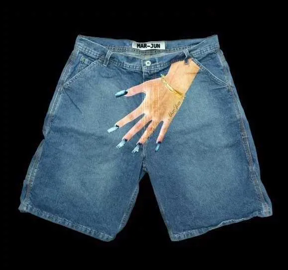 Pantaloni sportivi da uomo in denim con stampa a mano, stile retrò hip-hop, blu, Y2K, gotici, Haruku, pantaloncini da basket, pantaloni lunghi X240914_voghion.com