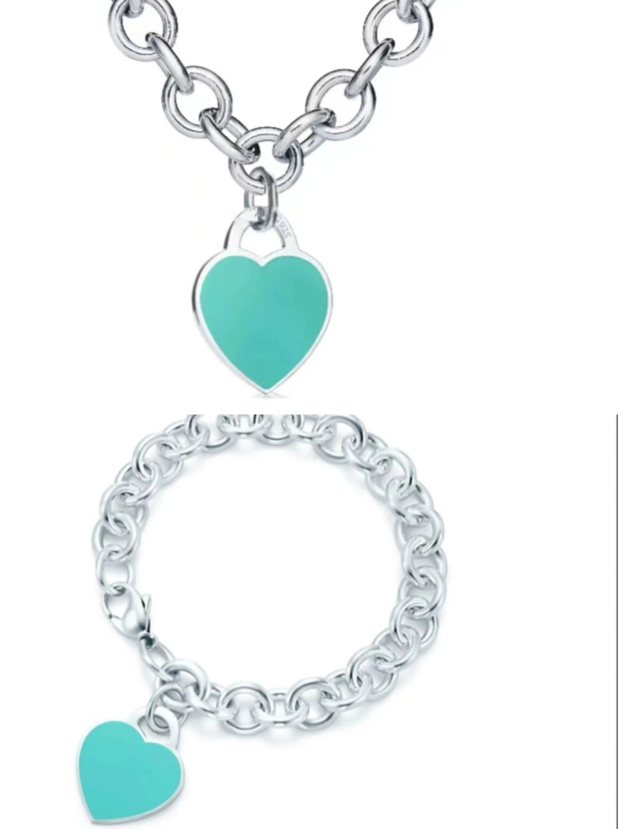 Blue Sier Black Necklace Chains Link Mens Jewelry Heart Pendant Necklaces for Women Bracelet Set Fashion Jewlery_voghion.com