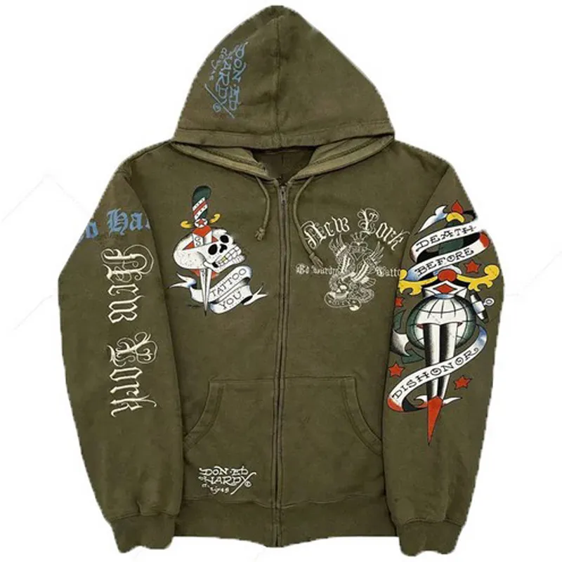 Felpa con zip gothic skull ricamata oversized stile harajuku_voghion.com