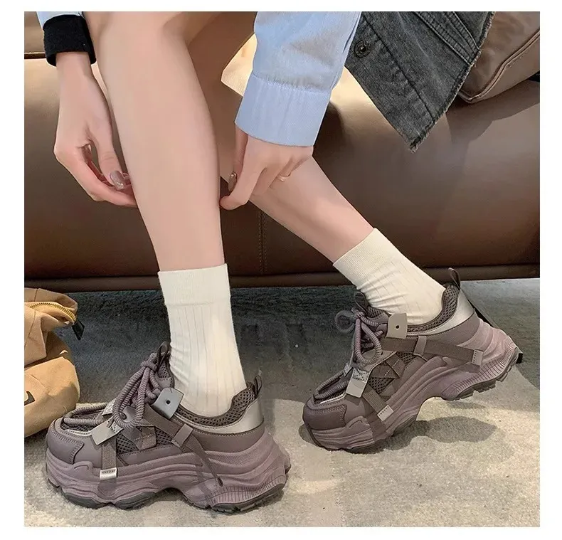Dames Chunky Sneakers Lente Ademend Mesh Platform Sport Vrouw Mode Veterschoenen Dikke Zool Casual Schoenen Mujer 240618_voghion.com