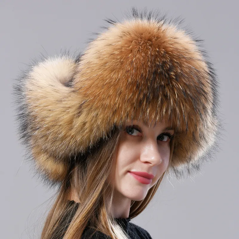 Gorro de aviación ruso de piel natural con orejas Ushanka para mujer, cálido, esponjoso y elegante, gorro de cola para mujer, gorros auténticos de moda para invierno._voghion.com