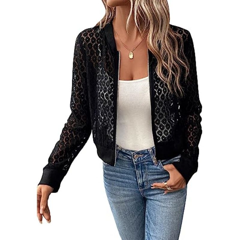 Women's clothing transparent lace long-sleeved zipper front baseball collar pilot jacket cross-border outerwear_voghion.com