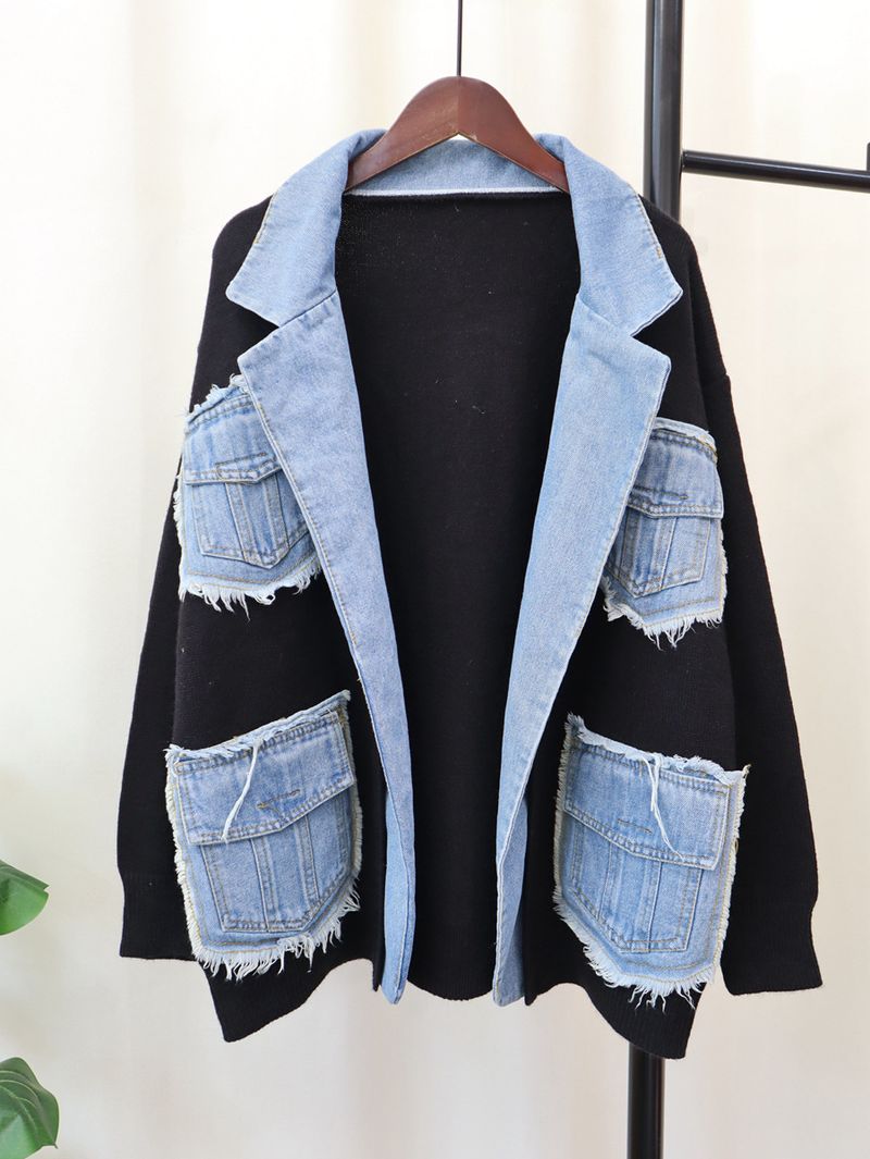 Women's Clothing new denim splicing sweater jacket design loose casual versatile knitted cardigan trend_voghion.com