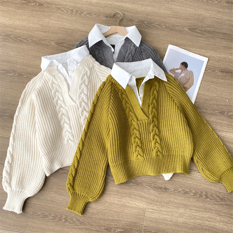 Pull deux pièces pour femme au début de l'automne, nouveau design de style Hong Kong, haut en tricot torsadé ample